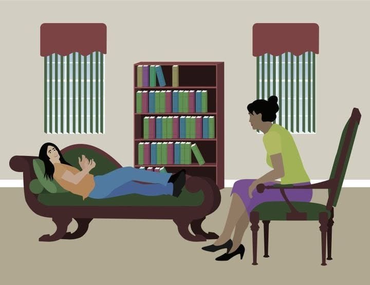 Illustration of a counseling session in a calm, book-lined office